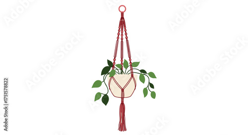 A simple illustration of a hanging plant in a macrame hanger with green leaves and a cream-colored pot.