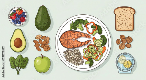 Overhead view of a balanced meal with salmon, vegetables, avocado, nuts, berries, and water with lemon, promoting healthy eating habits and wellness
