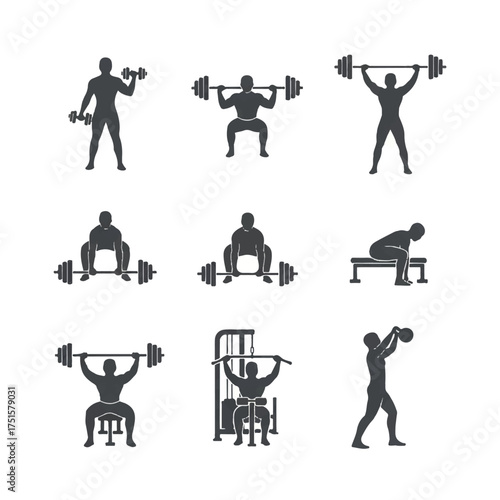 Silhouette of man lifting weights in gym performing various exercises, showcasing strength and fitness, emphasizing healthy lifestyle.