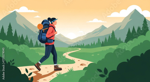 Woman with backpack hiking in mountains, enjoying the scenery and fresh air, on a sunny day with green trees and blue sky