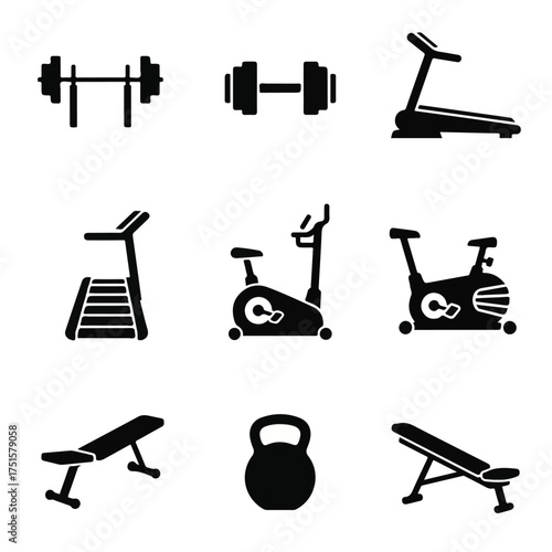 Gym equipment silhouettes representing fitness activities for healthy lifestyle in black and white, conveying a sense of strength and determination.