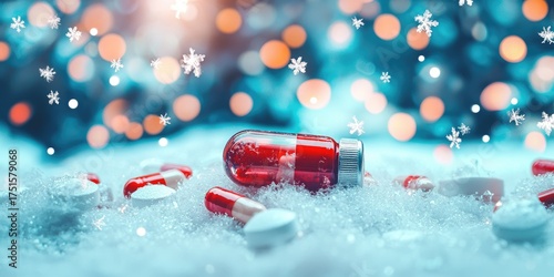 A red pill and a white pill on a snowy surface with snowflakes falling, against a blue and white background with bokeh lights.