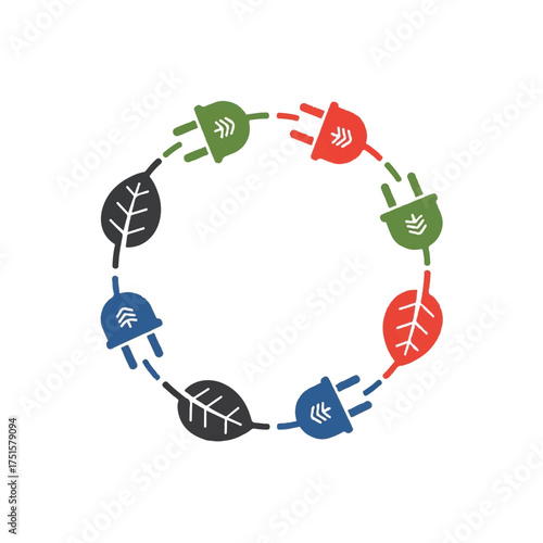 Colorful electrical plugs and leaves arranged in circle representing renewable energy and sustainable practices for a greener future.