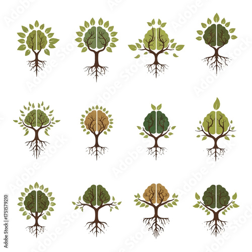 Collection of stylized brain trees growing with healthy leaves and strong roots, symbolizing intelligence, growth, and knowledge in a natural and conceptual style.