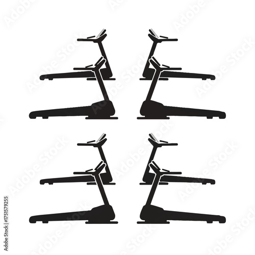Treadmills arranged symmetrically on white surface, suggesting fitness, exercise, and healthy lifestyle, creating a modern and minimalist aesthetic.