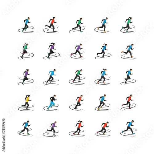 Runners in colorful athletic wear compete on a track, demonstrating speed and endurance in a dynamic and energetic competition.