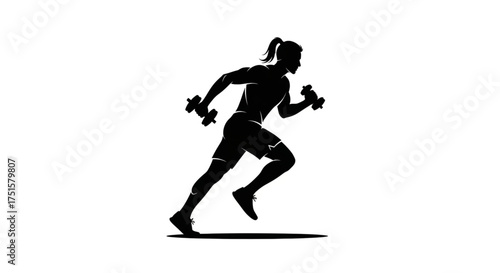 Silhouette of a muscular man running with dumbbells, fitness and exercise concept, healthy lifestyle and sport, workout routine