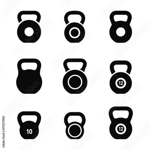 Collection of kettlebells displayed on white surface representing fitness and strength training for healthy lifestyle.