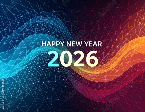 Digital Illustration of Happy New Year 2026 with Blue to Orange Gradient Waves