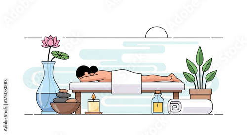 A serene spa scene featuring a woman receiving a massage on a table, surrounded by calming elements like candles, flowers, and essential oils