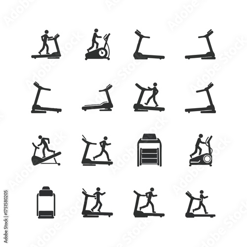 Silhouette figures exercising on treadmills and elliptical machines in a gym, representing fitness, health, and active lifestyle.