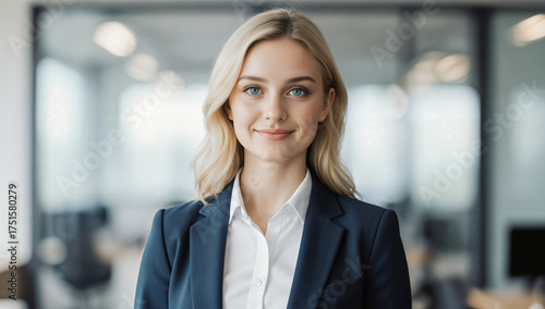 A confident woman with blonde hair stands in a stylish office, dressed in formal business attire, showcasing a professional demeanor with a warm smile