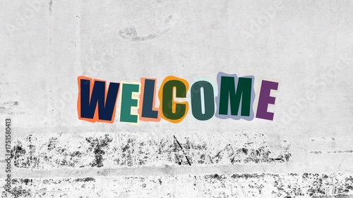 Welcome collage with vibrant diverse letters on bricktextured background suitable for welcoming signs, posters, banners, and social media graphics.