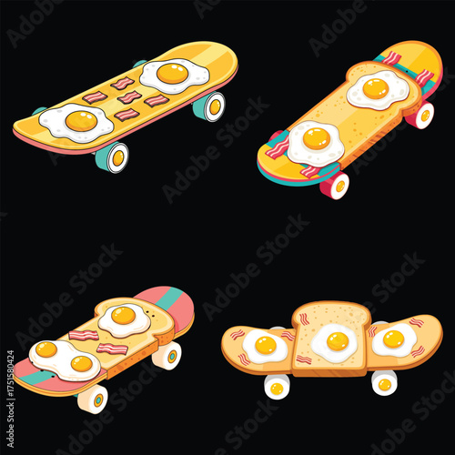 Breakfast Skateboard Vector Illustration Bundle Creative Eggs Bacon Toast Food Art Set