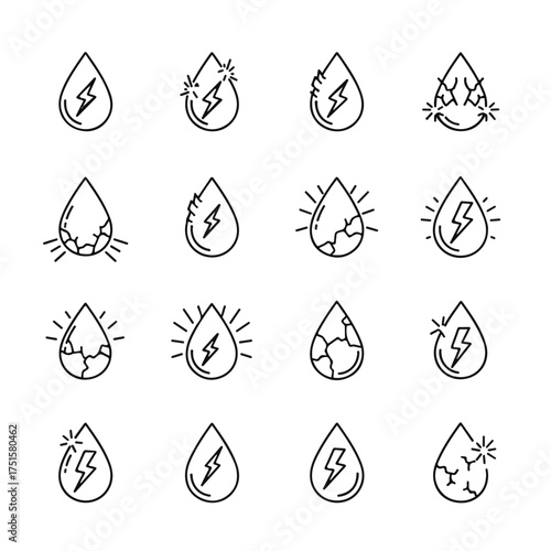 Water droplets with lightning bolts represent energy and conservation in a minimalist style, highlighting the importance of sustainable resources and environmental awareness.