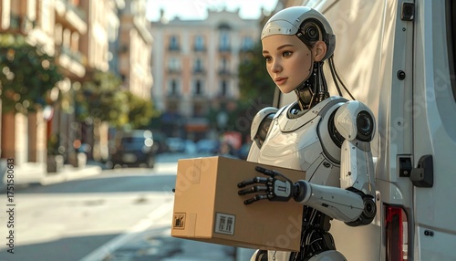 Humanoid Robot Loading Delivery Van Urban Street Scene