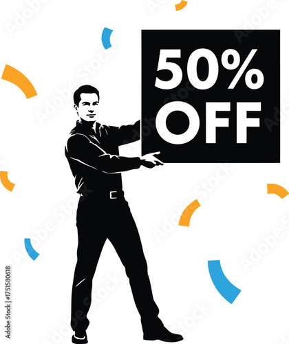 Black and white vector sale illustration of a man holding a fifty percent off sign with confetti for promotion, discount, or special offer advertisement.
