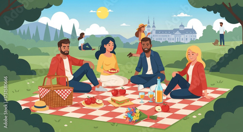 A group of friends is enjoying a picnic in the park, sharing food, drinks, and laughter while surrounded by nature and a beautiful landscape