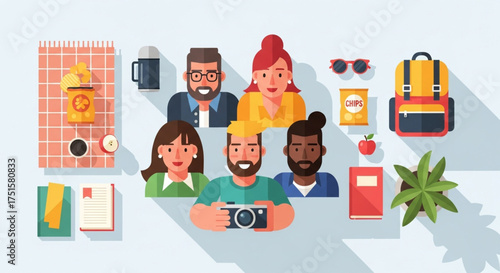 Flat lay illustration of diverse team members, office supplies, and personal items on a desk, showcasing collaboration and individual expression