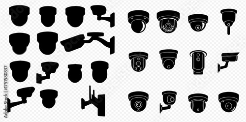 Silhouetted security camera icons in various styles and mounting options.