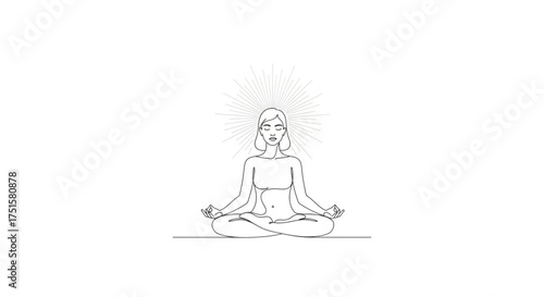 Minimalist line art of a woman meditating in lotus position, radiating peace and mindfulness