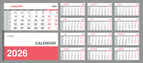 Minimalist 2026 calendar in red and gray tones. Perfect for print, design projects, and business planning