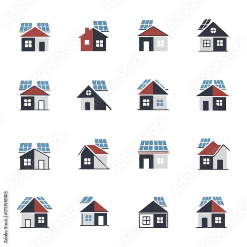Houses display solar panels on roofs in residential neighborhood, promoting clean energy and sustainable living on a bright, sunny day.