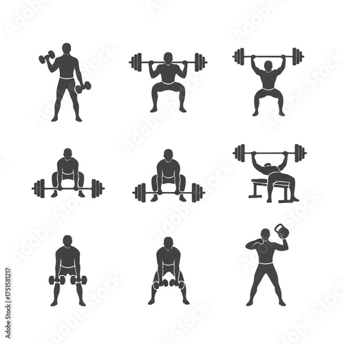 Silhouette of man lifting weights in gym doing various exercises for strength training and fitness, promoting healthy lifestyle.