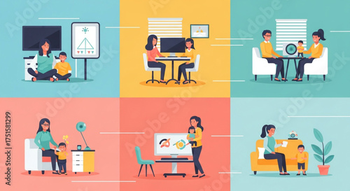 A set of vector illustrations depicting a mother and child engaged in various activities, showcasing their bond and connection in different settings