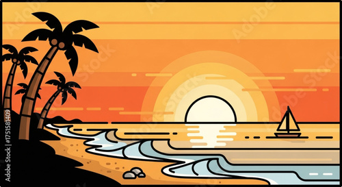 Tropical beach at sunset with palm trees and sailboat on the horizon, a serene and relaxing scene, perfect for vacation and summer themes