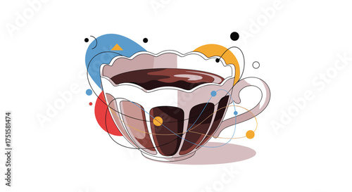 A whimsical abstract illustration of a cup of coffee with colorful floating shapes.