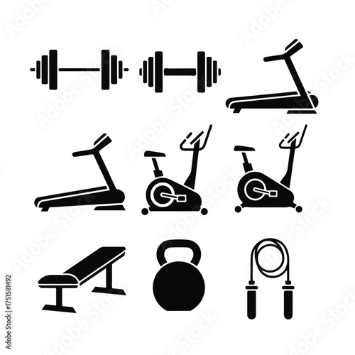 Gym equipment silhouettes representing fitness and exercise activities for healthy lifestyle and physical training.