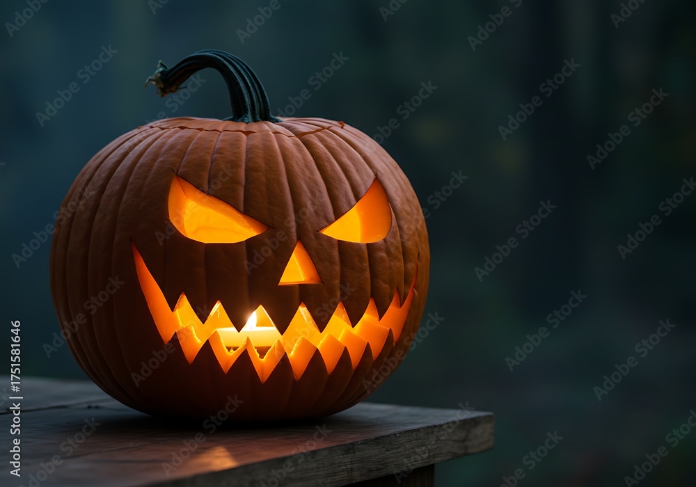 Fototapeta premium A close-up shot of a carved pumpkin with a scary face, illuminated from within.