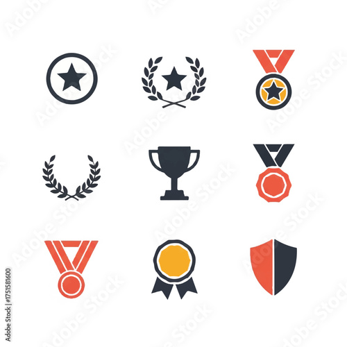 Collection of achievement symbols representing success and victory in various forms, displayed against a clean white backdrop, evoking a sense of accomplishment and recognition.