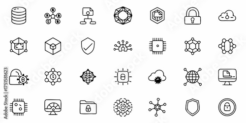 Dynamic set of digital security and network technology icons showcase data protection, encryption, and futuristic connectivity for modern business and innovation