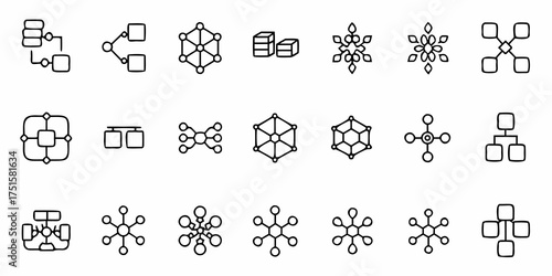 Stunning collection of network diagrams representing complex systems, connections, and data flow, ideal for illustrating business processes and technological structures elegantly