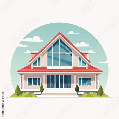 Vector illustration of a modern suburban house with a red roof, a beautiful example of residential construction and architectural design