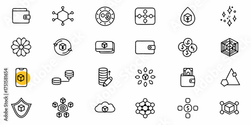 Explore a modern finance and tech world with these dynamic blockchain icons, perfect for innovative projects and presentations, highlighting digital currency, security, and networks