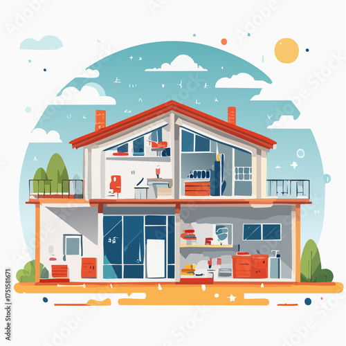 Detailed Cross-Section Illustration of a Modern House Showcase Construction, Design, and Interior Elements within an Architectural Context