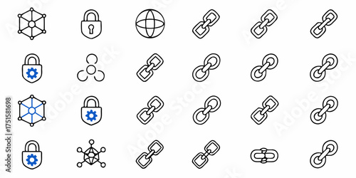 Protect your network with secure blockchain technology featuring modern icons, offering advanced encryption and global access with linked solutions for digital safety