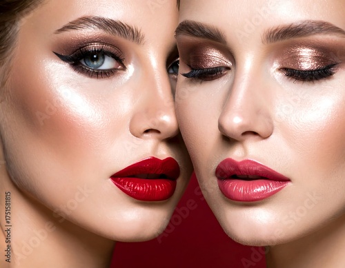 Two glamorous women with bold lipstick & metallic eyes