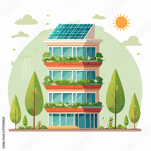 Green Construction Eco-Friendly Building with Solar Panels & Vertical Gardens for Sustainable Living and Architecture