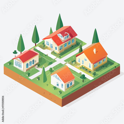 Isometric illustration depicting a vibrant residential neighborhood, showcasing diverse architectural styles and a thoughtful construction plan for urban growth
