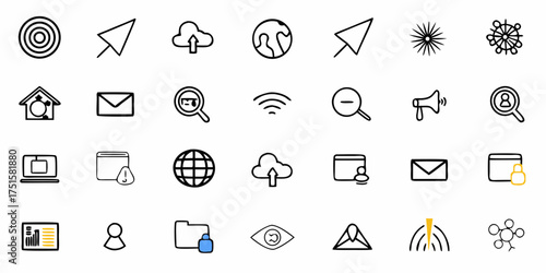 Dynamic collection of business communication icons for modern technology branding, representing social media network connections and digital marketing trends with a clean design