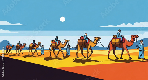 A caravan of camels and people traversing a desert landscape under a bright sun, creating a scene of travel and adventure in a hot, arid environment