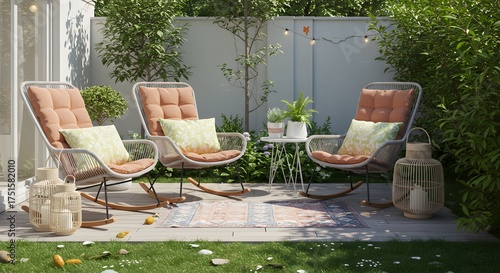 Cozy Backyard Patio with Rocking Chairs and String Lights