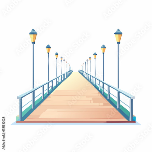 Wooden pier construction with lampposts in perspective creating a welcoming pathway towards a bright, distant horizon, symbolizing journey and connection