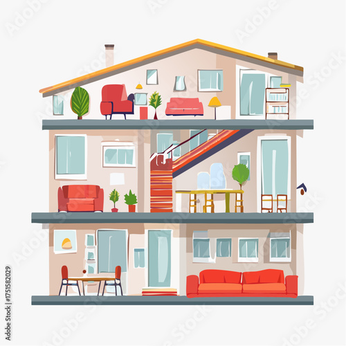 Cross-section of a multi-story building showcasing different rooms and interior design elements, illustrating architectural construction and living spaces