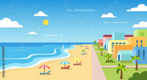 A sunny beach scene with colorful buildings, palm trees, and beach umbrellas, creating a vibrant and inviting coastal atmosphere