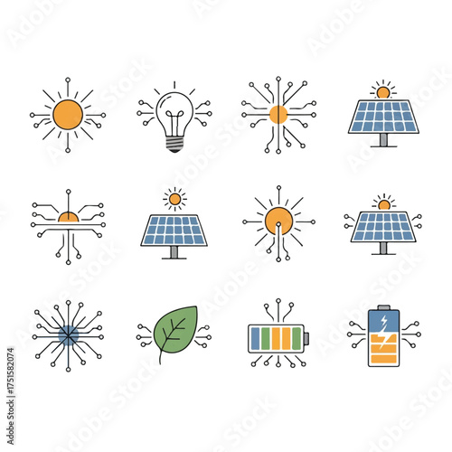 Renewable energy symbols representing sun, lightbulb, solar panel, leaf, and battery connected by circuit board lines, showcasing clean technology and sustainability.